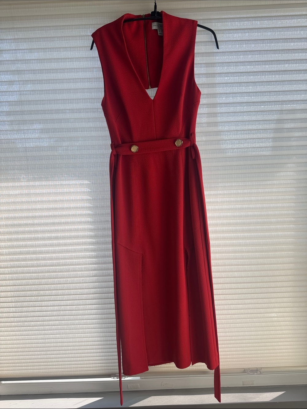 Rebecca Vallance Crimson Red V‑Neck Sleeveless Midi Dress with Gold Buttons